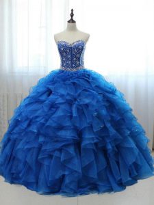 Gorgeous Organza and Tulle Sweetheart Sleeveless Lace Up Beading and Ruffles Sweet 16 Quinceanera Dress in Royal Blue