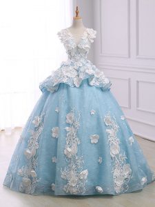 Custom Made Sleeveless Court Train Appliques Lace Up Quinceanera Dress
