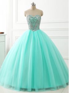 Beautiful Tulle Sweetheart Sleeveless Lace Up Beading Vestidos de Quinceanera in Apple Green