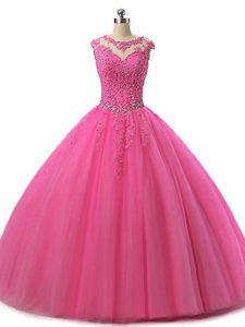 High End Floor Length Ball Gowns Sleeveless Hot Pink Sweet 16 Dresses Lace Up