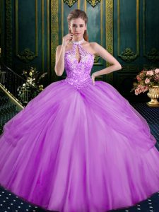 Affordable Lilac Quinceanera Gowns Military Ball and Sweet 16 and Quinceanera with Beading and Pick Ups Halter Top Sleeveless Lace Up