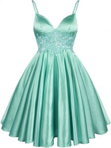 Cheap Apple Green Elastic Woven Satin Lace Up Spaghetti Straps Sleeveless Knee Length Dama Dress for Quinceanera Lace