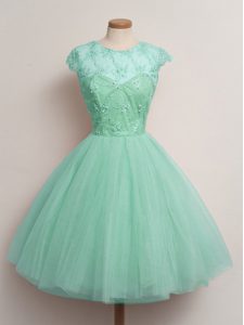 Custom Made Apple Green Ball Gowns Tulle Scoop Cap Sleeves Lace Knee Length Lace Up Damas Dress
