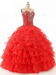 Fantastic Red Sleeveless Floor Length Beading and Ruffled Layers Lace Up Ball Gown Prom Dress
