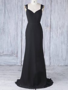 Straps Sleeveless Quinceanera Court of Honor Dress Sweep Train Appliques Black Chiffon