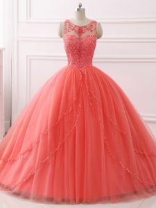 Comfortable Brush Train Ball Gowns Quinceanera Gown Coral Red Sweetheart Tulle Sleeveless Lace Up