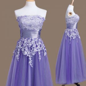 Tulle Sleeveless Tea Length Dama Dress for Quinceanera and Appliques