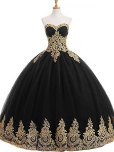 Charming Black Tulle Lace Up Quinceanera Dress Sleeveless Floor Length Appliques