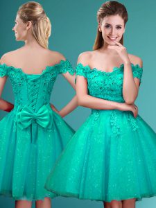 Affordable Cap Sleeves Tulle Knee Length Lace Up Quinceanera Dama Dress in Turquoise with Lace and Belt
