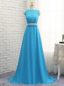 Baby Blue Zipper Quinceanera Court Dresses Beading and Lace Sleeveless Brush Train