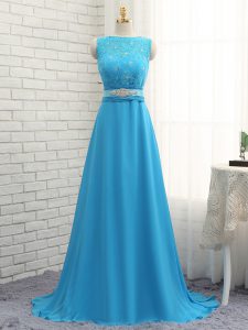 Sleeveless Chiffon Brush Train Zipper Court Dresses for Sweet 16 in Baby Blue with Beading and Lace