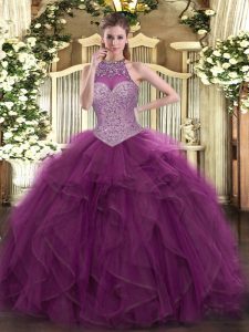 Comfortable Burgundy Ball Gowns Halter Top Sleeveless Tulle Floor Length Lace Up Beading Quinceanera Gown