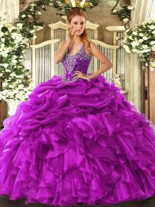 Ideal Fuchsia 15 Quinceanera Dress Military Ball and Sweet 16 and Quinceanera with Beading and Ruffles and Pick Ups Straps Sleeveless Lace Up