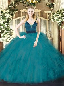 Nice Teal Sleeveless Tulle Zipper Quinceanera Dress for Military Ball and Sweet 16 and Quinceanera