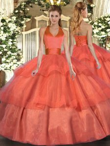 Floor Length Orange Red Quinceanera Gowns Tulle Sleeveless Ruffled Layers