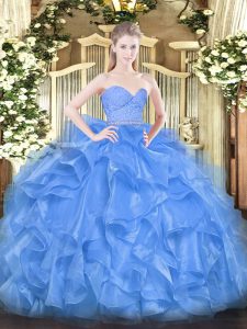 Smart Floor Length Baby Blue Quince Ball Gowns Organza Sleeveless Beading and Lace and Ruffles