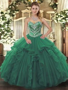 Best Green Sleeveless Floor Length Beading and Ruffles Lace Up Sweet 16 Quinceanera Dress