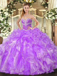Trendy Organza Sweetheart Sleeveless Lace Up Beading and Ruffles Quinceanera Gowns in Lavender