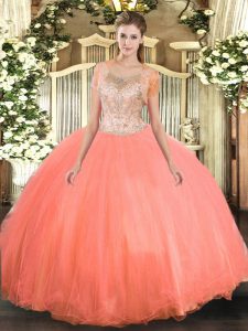Delicate Sleeveless Tulle Floor Length Clasp Handle Sweet 16 Dresses in Watermelon Red with Beading