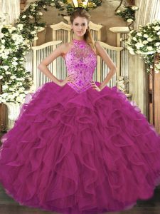 Unique Organza Sleeveless Floor Length Quince Ball Gowns and Beading and Embroidery and Ruffles