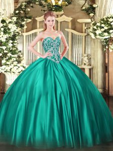 Best Turquoise Ball Gowns Sweetheart Sleeveless Satin Floor Length Lace Up Beading 15 Quinceanera Dress