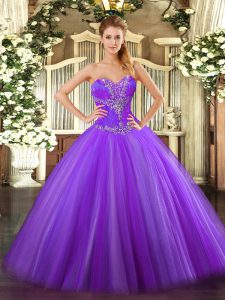Sleeveless Tulle Floor Length Lace Up Sweet 16 Dress in Eggplant Purple with Beading