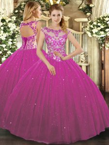 Enchanting Fuchsia Cap Sleeves Floor Length Beading and Appliques Lace Up Ball Gown Prom Dress