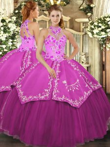 Fuchsia Sleeveless Floor Length Beading and Embroidery Lace Up Sweet 16 Dresses