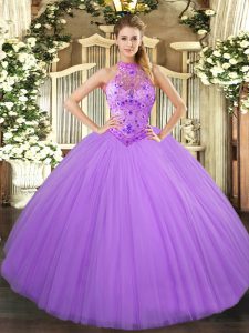 Sumptuous Ball Gowns Sweet 16 Dresses Lavender Halter Top Tulle Sleeveless Floor Length Lace Up