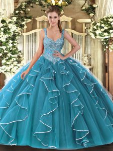 Top Selling Teal Ball Gowns Tulle V-neck Sleeveless Beading Floor Length Lace Up Quinceanera Gowns