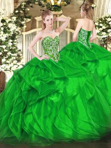 Stylish Green Sweetheart Lace Up Beading and Ruffles Quinceanera Dress Sleeveless