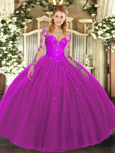 High End Floor Length Lace Up Quinceanera Dresses Fuchsia for Military Ball and Sweet 16 and Quinceanera with Lace