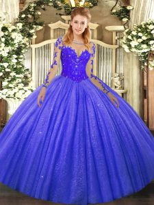 Spectacular Blue Tulle Lace Up Sweet 16 Quinceanera Dress Long Sleeves Floor Length Lace