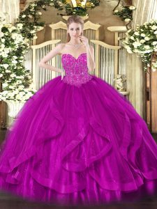 Sleeveless Floor Length Beading and Ruffles Lace Up Casual Dresses with Fuchsia