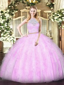 Sleeveless Zipper Floor Length Lace and Ruffles Ball Gown Prom Dress