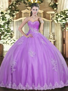 Elegant Lilac Ball Gowns Beading and Appliques Sweet 16 Dress Lace Up Tulle Sleeveless Floor Length
