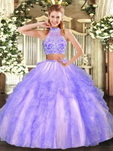 Lavender Tulle Criss Cross Ball Gown Prom Dress Sleeveless Floor Length Beading and Ruffled Layers