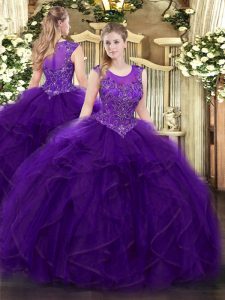 Shining Ball Gowns Quinceanera Gowns Purple Scoop Organza Sleeveless Floor Length Zipper