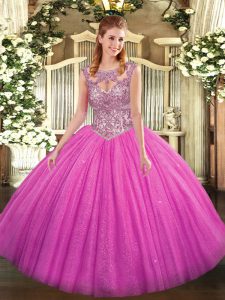 Affordable Fuchsia Tulle Lace Up Quince Ball Gowns Sleeveless Floor Length Beading