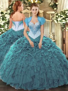 Stylish Teal Organza Lace Up Quince Ball Gowns Sleeveless Floor Length Beading and Ruffles