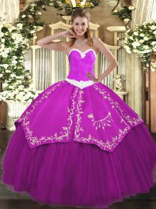 Hot Selling Sleeveless Floor Length Appliques and Embroidery Lace Up Vestidos de Quinceanera with Fuchsia