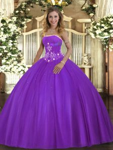Purple Lace Up Quince Ball Gowns Beading Sleeveless Floor Length