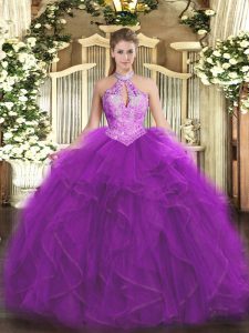 Sleeveless Organza Floor Length Lace Up Quince Ball Gowns in Purple with Ruffles and Sequins