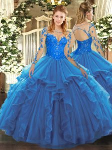 Exquisite Scoop Long Sleeves Tulle Sweet 16 Dress Lace and Ruffles Lace Up