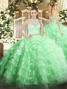Sophisticated Apple Green Scoop Zipper Lace and Ruffled Layers Sweet 16 Quinceanera Dress Sleeveless