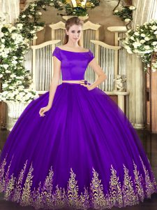 Purple Two Pieces Tulle Off The Shoulder Short Sleeves Appliques Floor Length Zipper Quinceanera Gown
