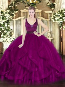 Fuchsia Straps Zipper Beading and Ruffles Ball Gown Prom Dress Sleeveless