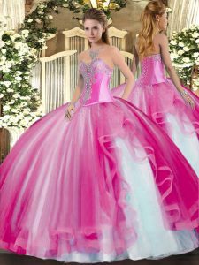 New Style Sweetheart Sleeveless Tulle Quinceanera Gowns Beading and Ruffles Lace Up