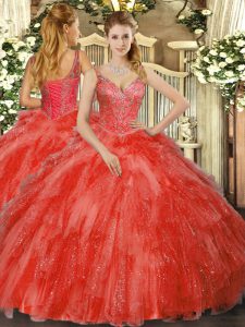 Red V-neck Neckline Beading and Ruffles Sweet 16 Quinceanera Dress Sleeveless Lace Up