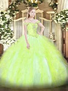 Affordable Floor Length Lace Up Vestidos de Quinceanera Yellow Green for Military Ball and Sweet 16 and Quinceanera with Beading and Ruffles